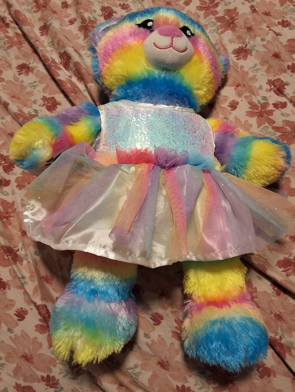 Build A Bear Rainbow Pastel Furry Teddy Bear Sequin Dress & Tutu Plush Toy